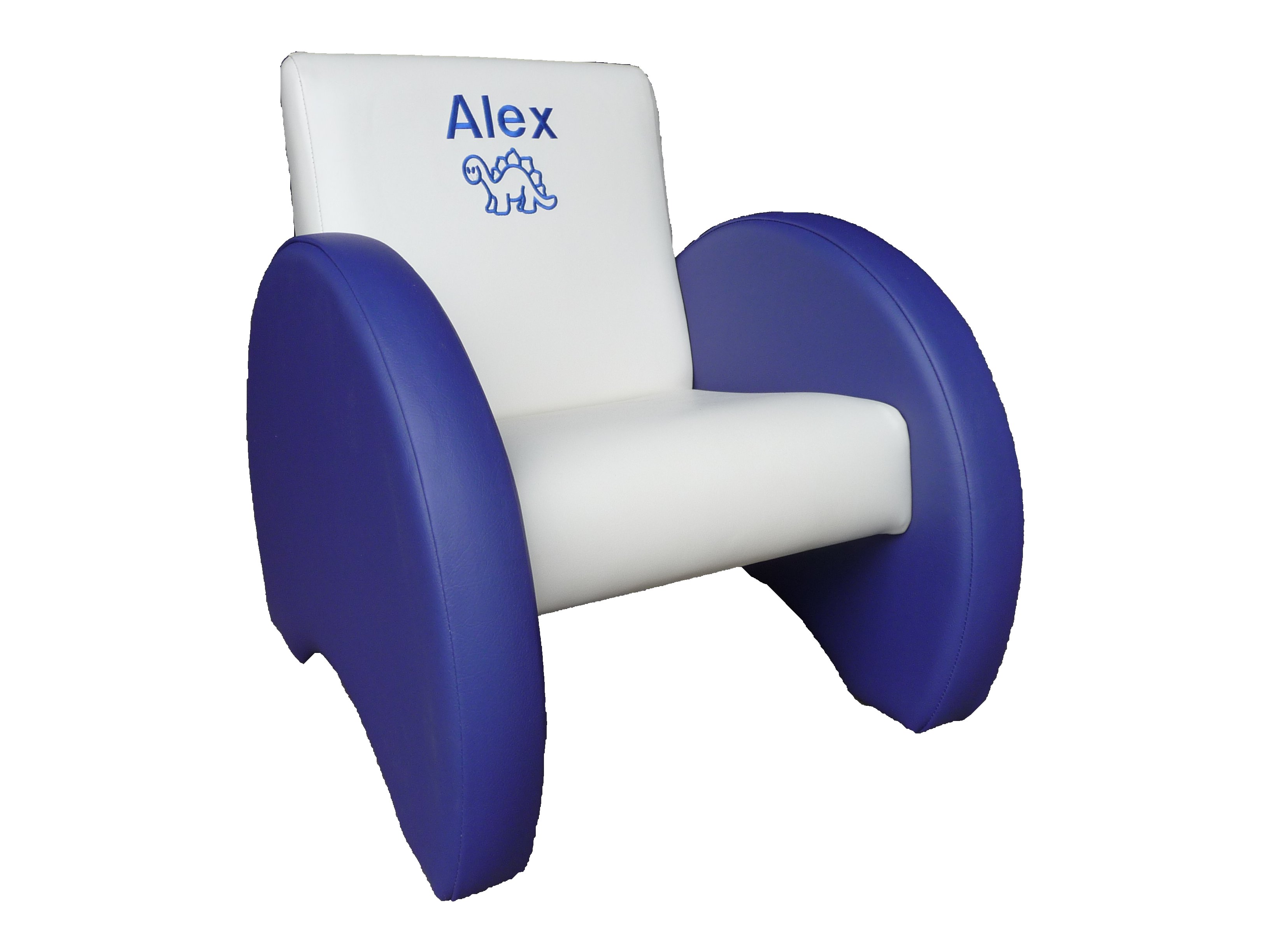 Cream chair blue arms dinosaur