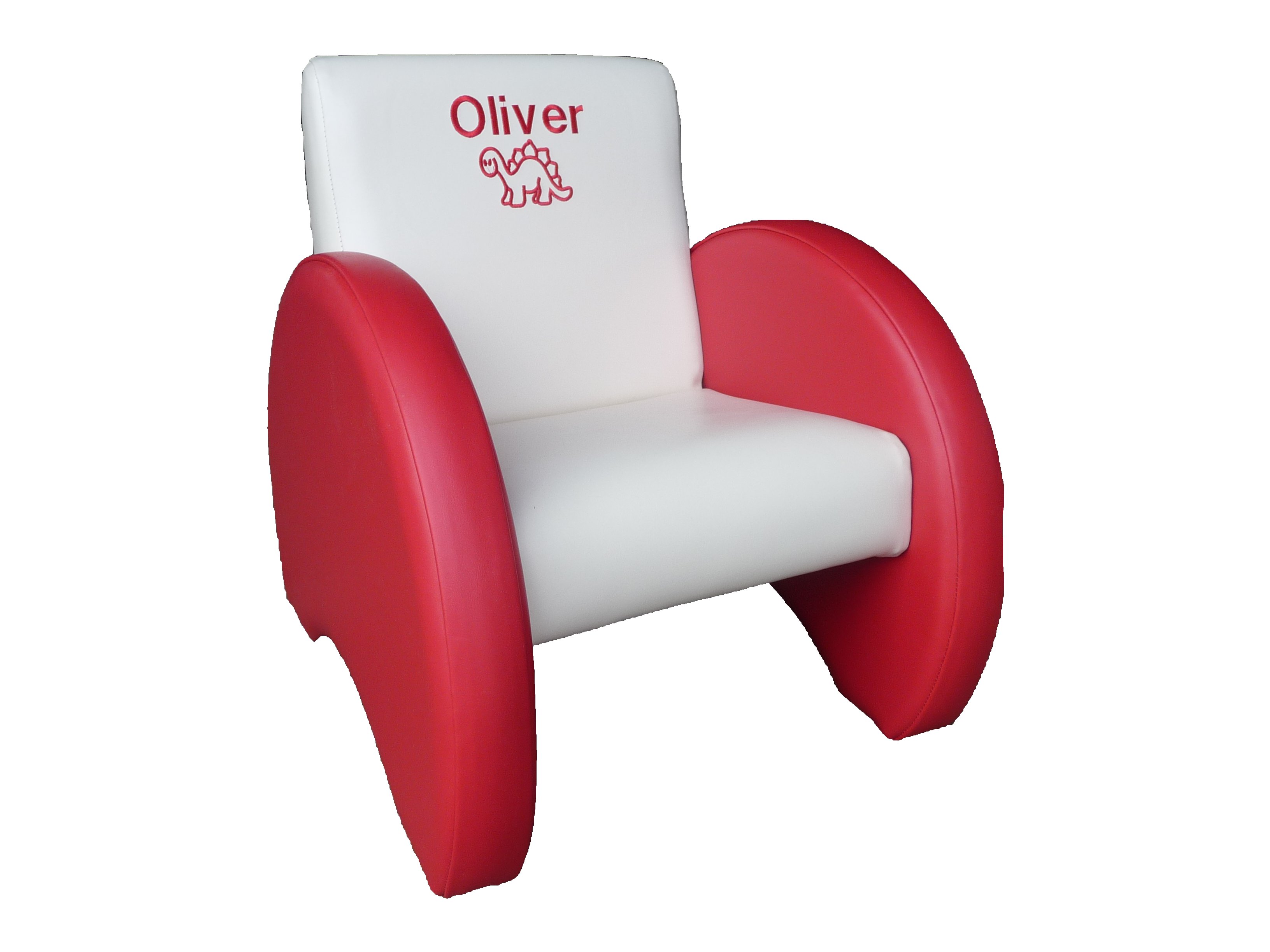 Cream chair red arms dinosaur